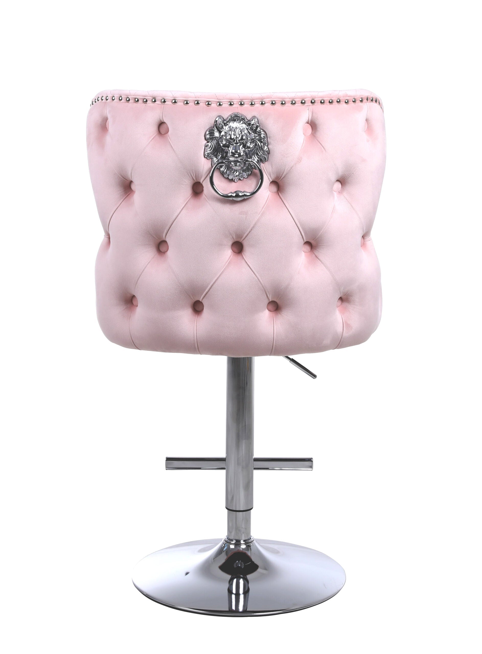 Valentino Pink Lion Knocker Quilted Back Plush Velvet Chrome Bar Stool - Belmont Interiors