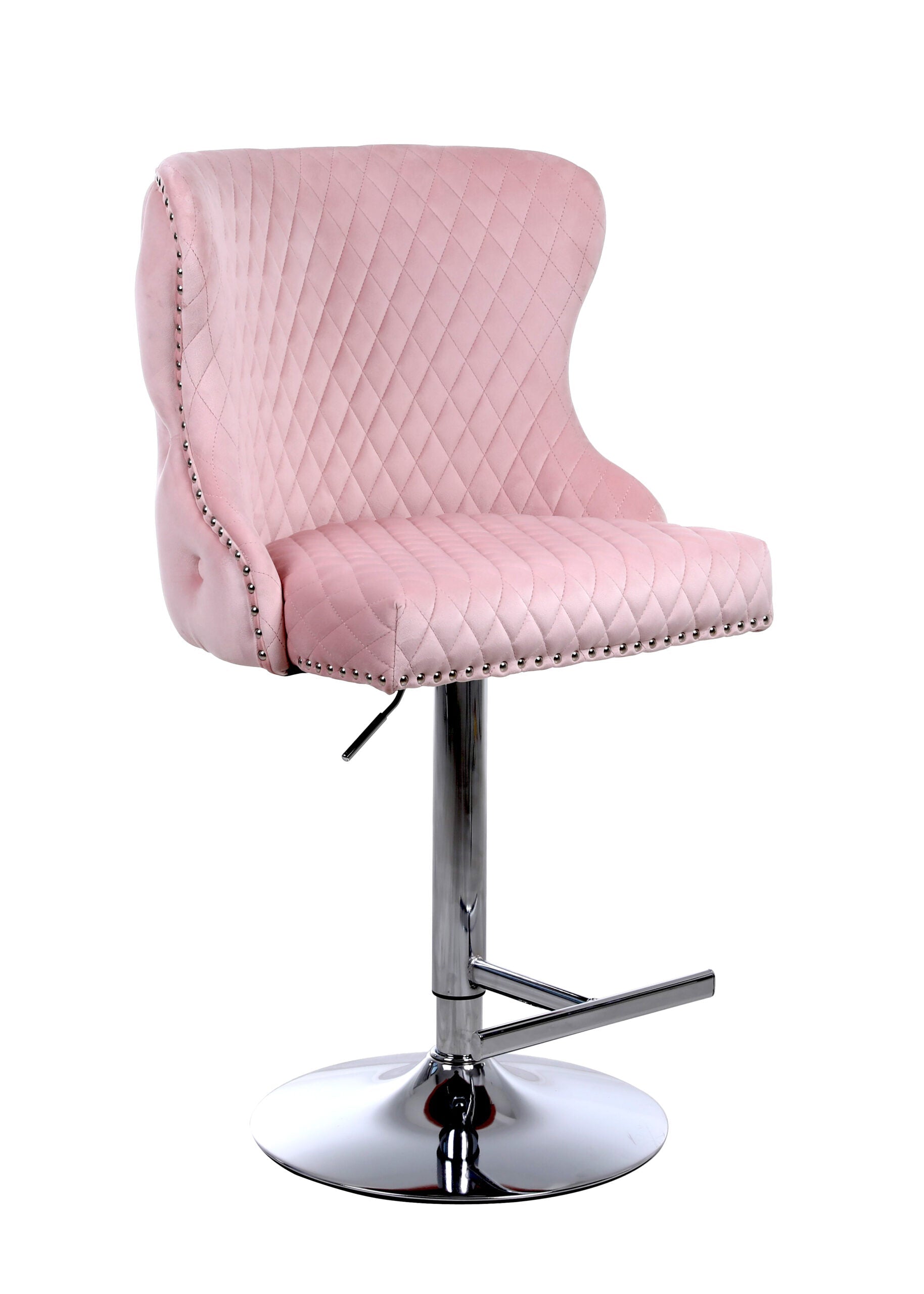 Valentino Pink Lion Knocker Quilted Back Plush Velvet Chrome Bar Stool - Belmont Interiors