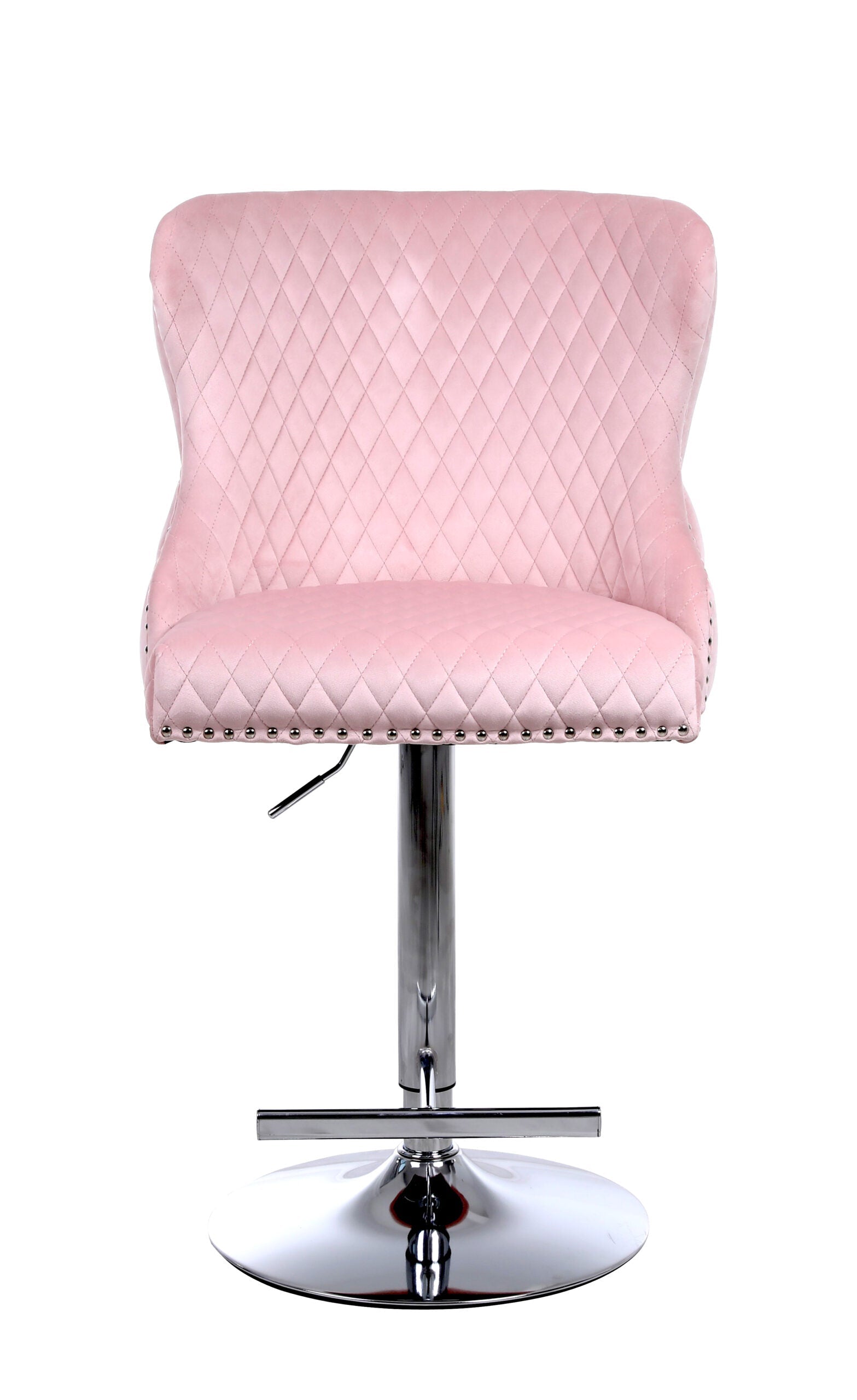 Valentino Pink Lion Knocker Quilted Back Plush Velvet Chrome Bar Stool - Belmont Interiors