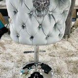 Valentino Pewter Shimmer Grey Lion Knocker Quilted Back Plush Velvet Chrome Bar Stool - Belmont Interiors