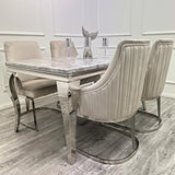 Louis 160cm Marble & Chrome Dining Table With Chelmsford Beige/Chrome Velvet Chairs