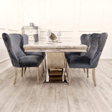 Arial Marble & Chrome Dining Table With Valentino Lion Knocker Velvet Chairs