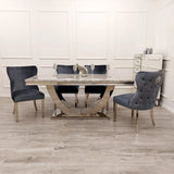 Arial Marble & Chrome Dining Table With Valentino Lion Knocker Velvet Chairs