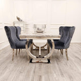 Arianna Marble & Chrome Dining Table With Valentino Lion Knocker Velvet Chairs