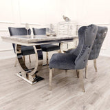 Arianna Marble & Chrome Dining Table With Valentino Lion Knocker Velvet Chairs