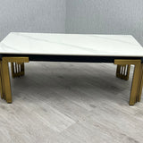 Sorrento 180cm Gold Dining Table with White Ceramic Marble Top + Cream/Gold  Ring Knocker Velvet Chairs