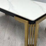 Sorrento 180cm Gold Dining Table with White Ceramic Marble Top + Cream/Gold Lion Knocker Velvet Chairs