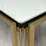 Sorrento 180cm Gold Dining Table with White Ceramic Marble Top + Cream/Gold Lion Knocker Velvet Chairs