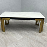 Sorrento 180cm Gold Dining Table with White Ceramic Marble Top + Cream/Gold  Ring Knocker Velvet Chairs