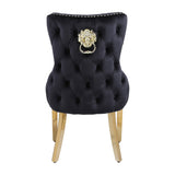 Louis Gold Round Black Marble 110cm Dining Table + Black Gold Lion Knocker Velvet Dining Chairs