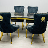 Louis Gold Black Marble Dining Table With Shimmer Black / Gold Lion Knocker Dining Chairs