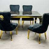 Louis Gold Black Marble Dining Table With Shimmer Black / Gold Lion Knocker Dining Chairs