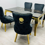 Louis Gold Black Marble Dining Table With Shimmer Black / Gold Lion Knocker Dining Chairs