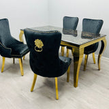 Louis Gold Black Marble Dining Table With Shimmer Black / Gold Lion Knocker Dining Chairs