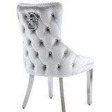 Victoria Shimmer Grey Chrome Lion Knocker Button Back Plush Velvet Dining Chair Chrome Legs