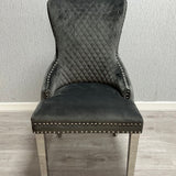 Victoria Dark Grey Chrome Ring Knocker Button Back Plush Velvet Chair