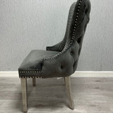 Victoria Dark Grey Chrome Ring Knocker Button Back Plush Velvet Chair