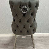 Victoria Dark Grey Chrome Ring Knocker Button Back Plush Velvet Chair