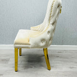 Louis Gold Marble Dining Table With Shimmer Cream Gold Ring Knocker Dining Chairs