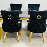 Louis Gold Black Marble Dining Table With Shimmer Black / Gold Ring Knocker Dining Chairs