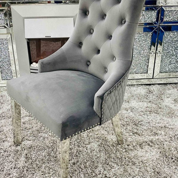 Majestic Lion Knocker Quilted Tufted Plush Velvet Dining Chair Chrome Legs - 10 Colours-Kitchen & Dining Room Chairs-ASR-Belmont Interiors