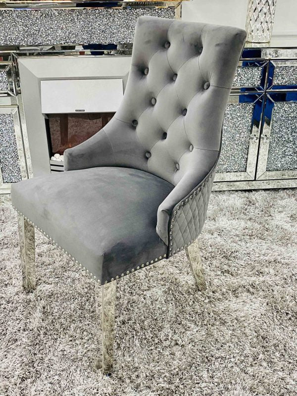 Majestic Lion Knocker Quilted Tufted Plush Velvet Dining Chair Chrome Legs - 10 Colours-Kitchen & Dining Room Chairs-ASR-Belmont Interiors