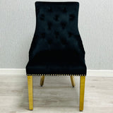 Louis Gold Black Marble Dining Table With Black/Gold Ring Quilted Knocker Dining Chairs