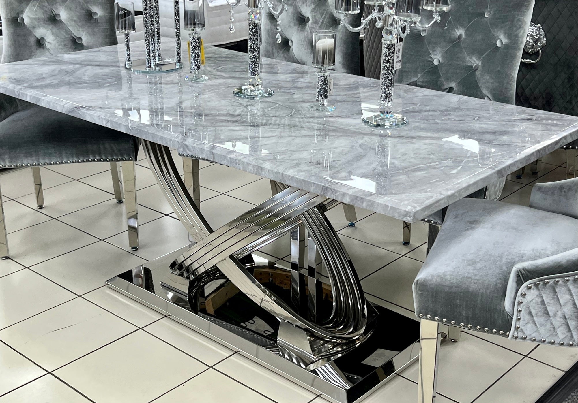 Elina 180cm Grey Marble & Chrome Dining Table-Esme Furnishings