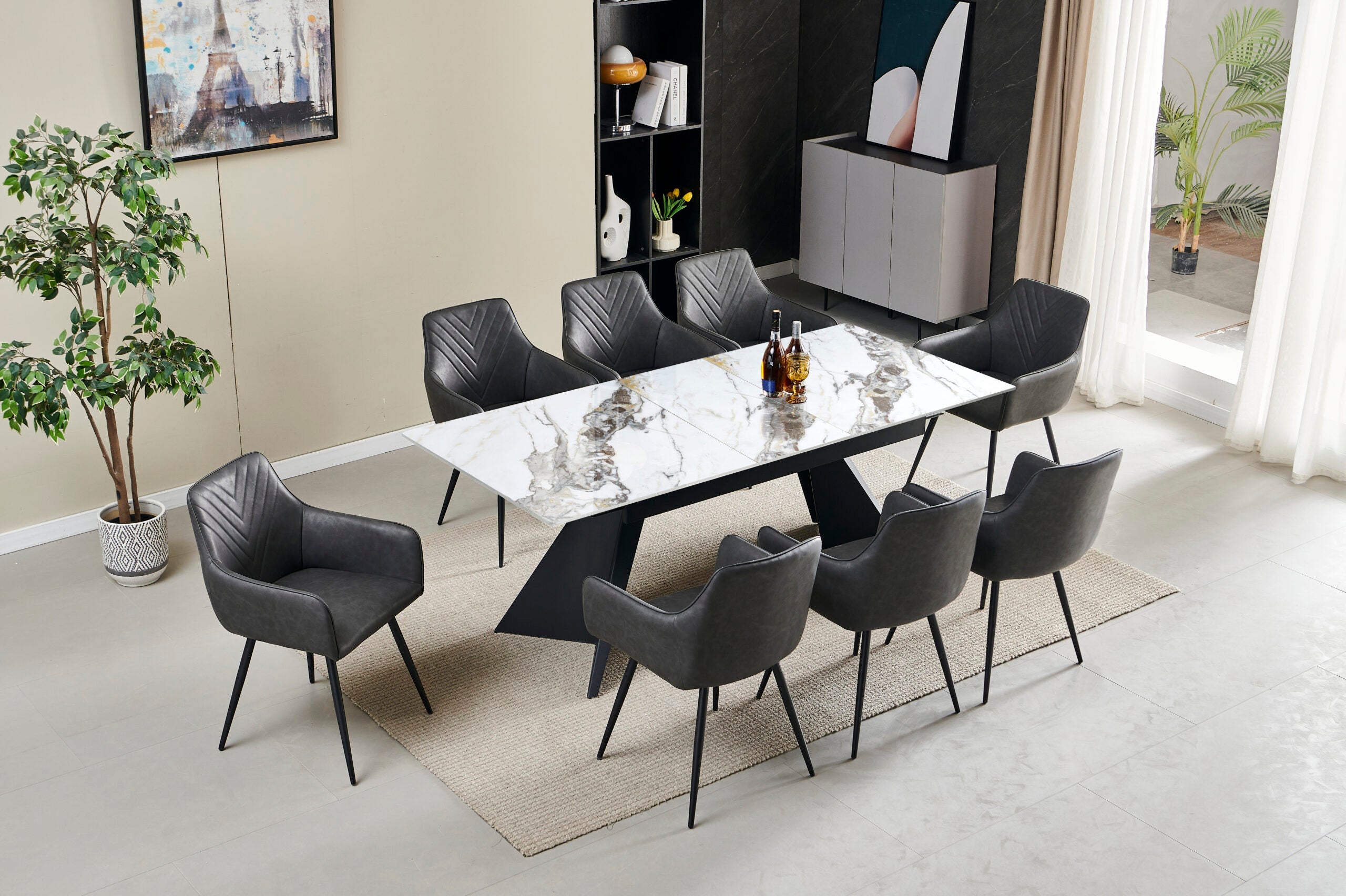 Chicago 160-200CM Cream Gold Extending Dining Table With Ceramic Top + Grey PU Leather Dining Chairs - Belmont Interiors