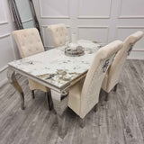 Louis Pandora Gold Marble & Chrome Dining Table With Lucy Slim Quilted Lion Knocker Velvet Chairs