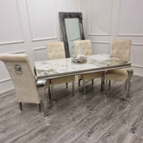 Louis Pandora Gold Marble & Chrome Dining Table With Lucy Slim Quilted Lion Knocker Velvet Chairs