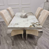 Louis Pandora Gold Marble & Chrome Dining Table With Lucy Slim Quilted Lion Knocker Velvet Chairs