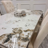 Louis Pandora Gold Marble & Chrome Dining Table With Lucy Slim Quilted Lion Knocker Velvet Chairs