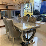 Arianna Marble & Chrome Dining Table With Chrome Ring Knocker Velvet Chairs