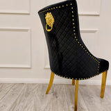 Louis 130cm Black and Gold Round Marble Dining Table with 4 Black & Gold Lion Knocker Velvet Chairs (Special Offer)