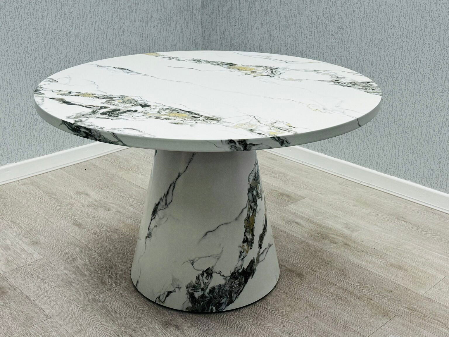 Capri 110cm White Marble Effect Dining Table + Victoria Shimmer Lion Dining Chair - Belmont Interiors