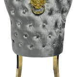 Valente Champagne Grey Gold Velvet Fabric Button Back Lion Knocker Quilted Dining Chair