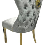 Valente Champagne Grey Gold Velvet Fabric Button Back Lion Knocker Quilted Dining Chair