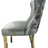 Valente Champagne Grey Gold Velvet Fabric Button Back Lion Knocker Quilted Dining Chair