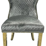 Valente Champagne Grey Gold Velvet Fabric Button Back Lion Knocker Quilted Dining Chair