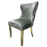 Valente Champagne Grey Gold Velvet Fabric Button Back Lion Knocker Quilted Dining Chair