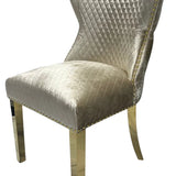 Valente Champagne Mink Gold Velvet Fabric Button Back Lion Knocker Quilted Dining Chair