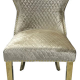 Valente Champagne Mink Gold Velvet Fabric Button Back Lion Knocker Quilted Dining Chair