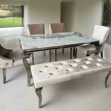 Louis Pandora Marble & Chrome Dining Table With Kensington Button Back Beige Chairs & Bench