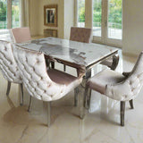 Louis Pandora Marble & Chrome Dining Table With Kensington Button Back Beige Chairs & Bench