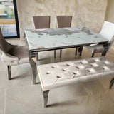 Louis Pandora Marble & Chrome Dining Table With Kensington Button Back Beige Chairs & Bench