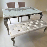 Louis Pandora Marble & Chrome Dining Table With Kensington Button Back Beige Chairs & Bench