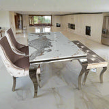 Louis Pandora Marble & Chrome Dining Table With Kensington Button Back Beige Chairs & Bench