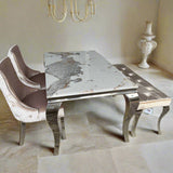 Louis Pandora Marble & Chrome Dining Table With Kensington Button Back Beige Chairs & Bench