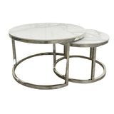 Cato Nest of 2 Short Round Silver Gold Tables with Polar White Sintered Stone Tops - Belmont Interiors